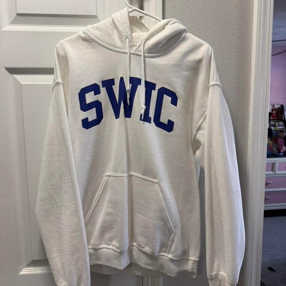 White Hoodie with Blue Lettering